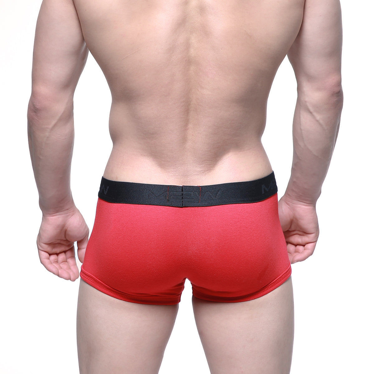 Red men brief with black elastic waistband featuring men brand in white from MetroMaleWear Uphole Short Boxer 3030-12