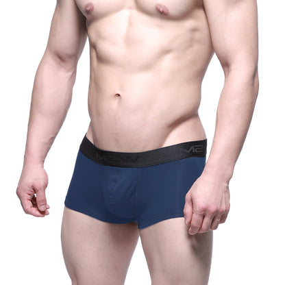 Navy blue men’s briefs with black elastic waistband featuring menw logo from MetroMaleWear Uphole Short Boxer Navy 3030-28
