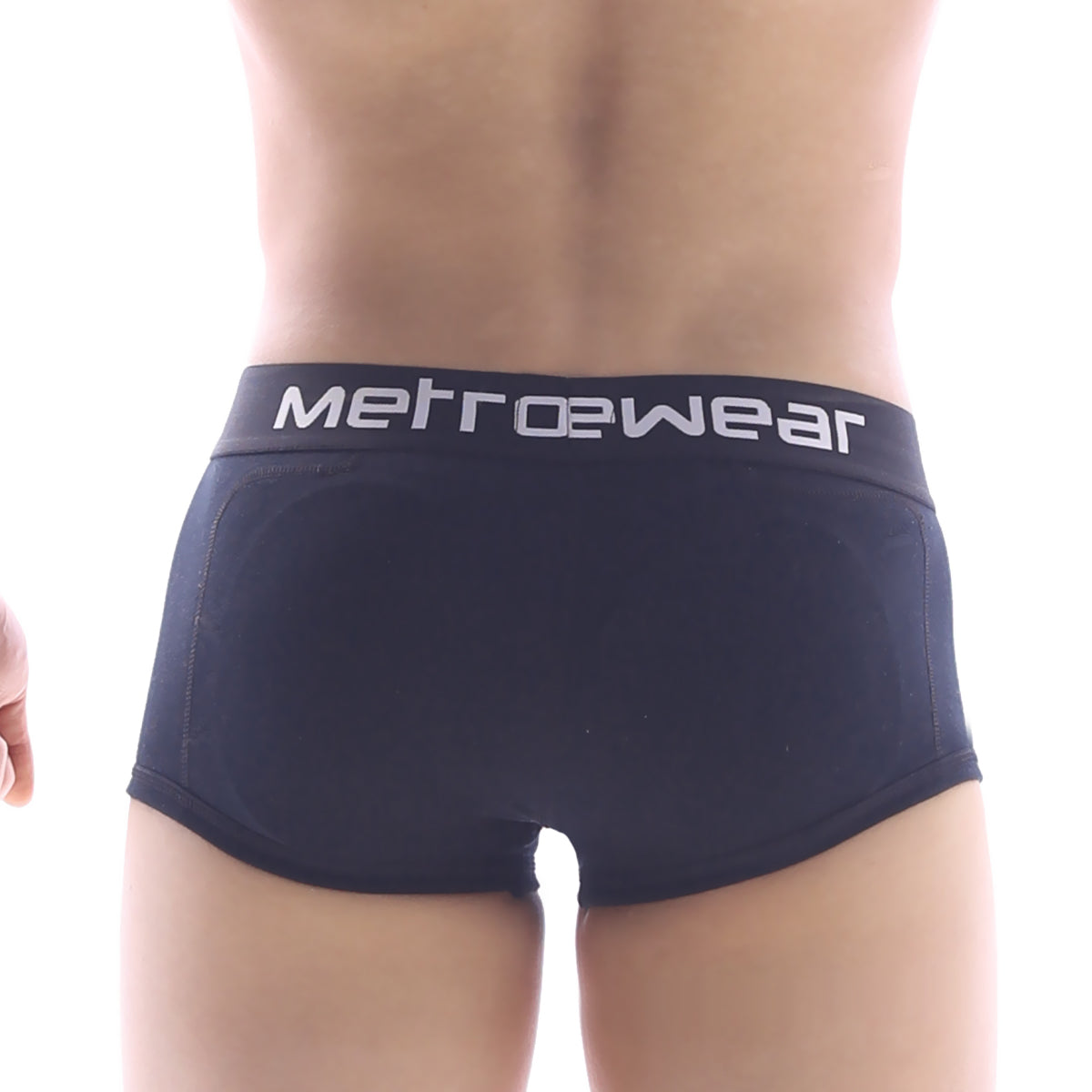 Black metrowear premium padded boxer briefs with white logo waistband designed for comfortable metrowear use