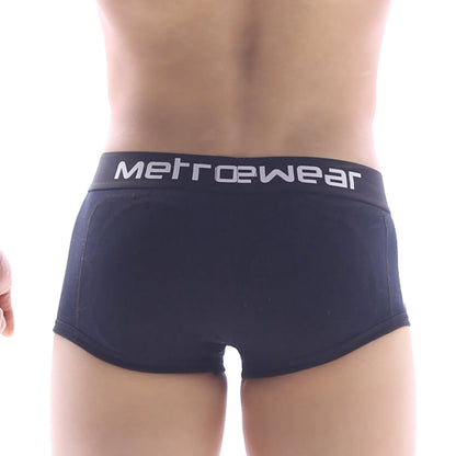 Black metrowear premium padded boxer briefs with white logo waistband designed for comfortable metrowear use