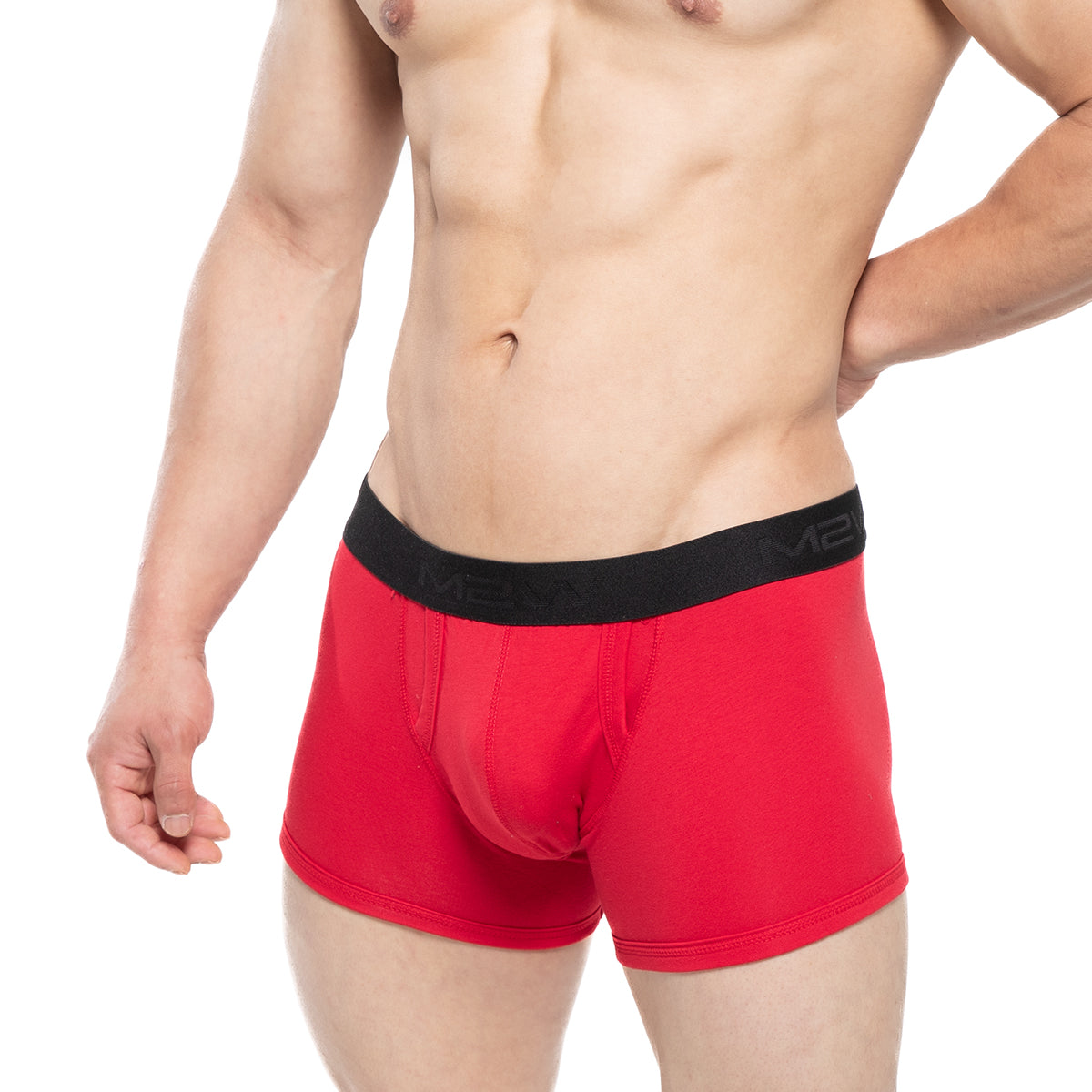Red metro male wear avalon boxer briefs with black elastic m2 logo waistband for comfortable everyday wear