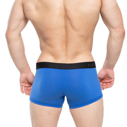 Royal blue metro male wear avalon boxer briefs with black elastic waistband featuring m3 logo for men