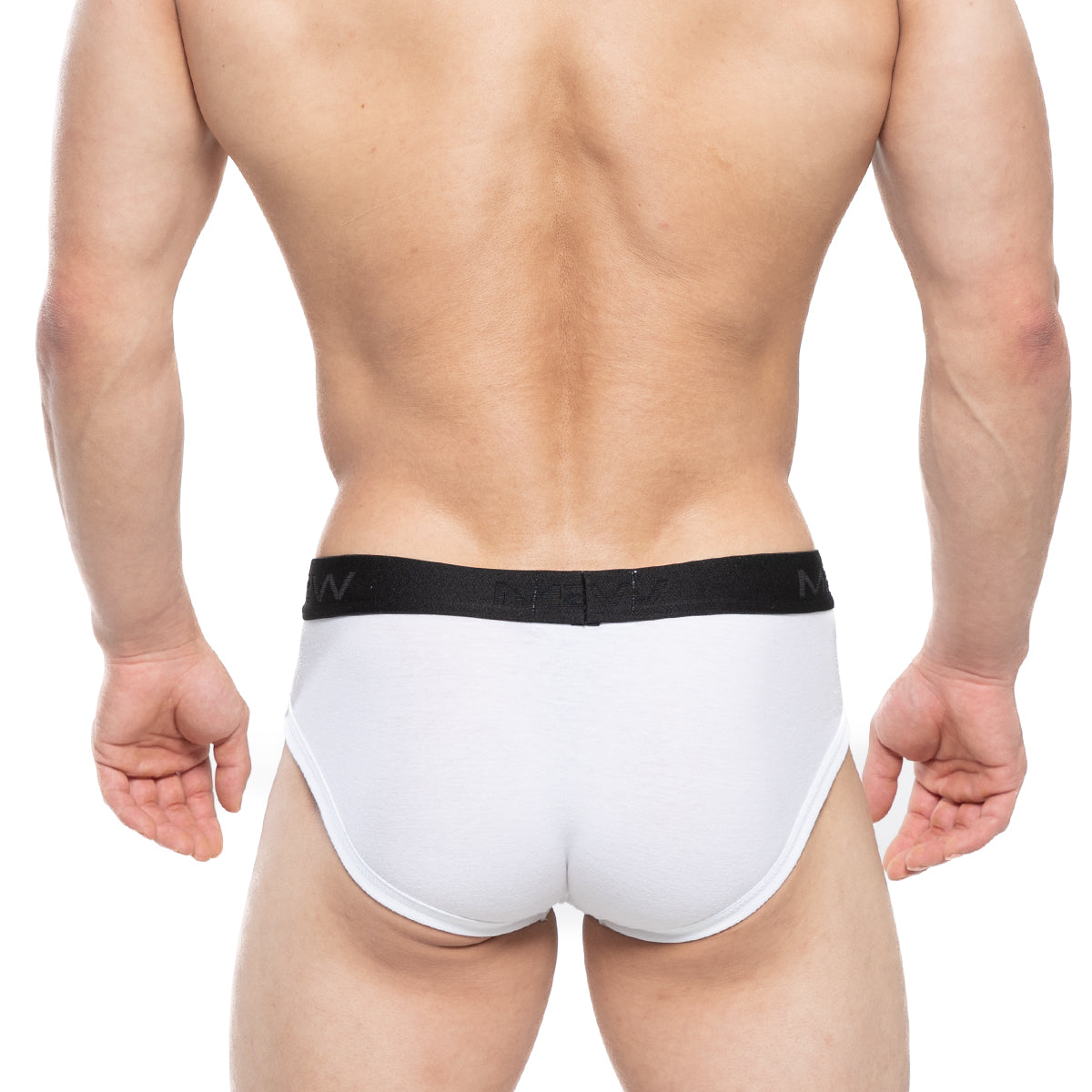 White metro male wear avalon brief with black elastic waistband featuring brand logo and cotton fabric