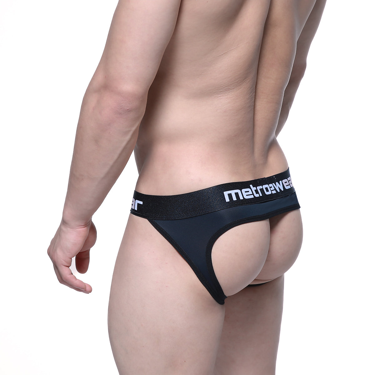 Black metrowear thong with white logo waistband designed for comfort and style in metro male wear pops bikini jock strap