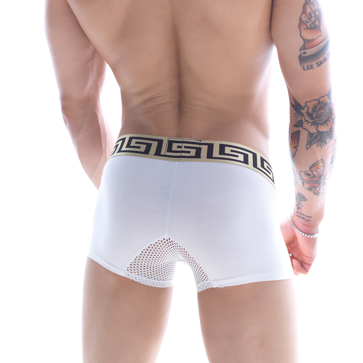 White mens boxer briefs with beige and black greek key waistband and mesh back detail from metromalewear