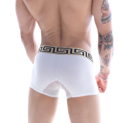 White mens boxer briefs with beige and black greek key waistband and mesh back detail from metromalewear
