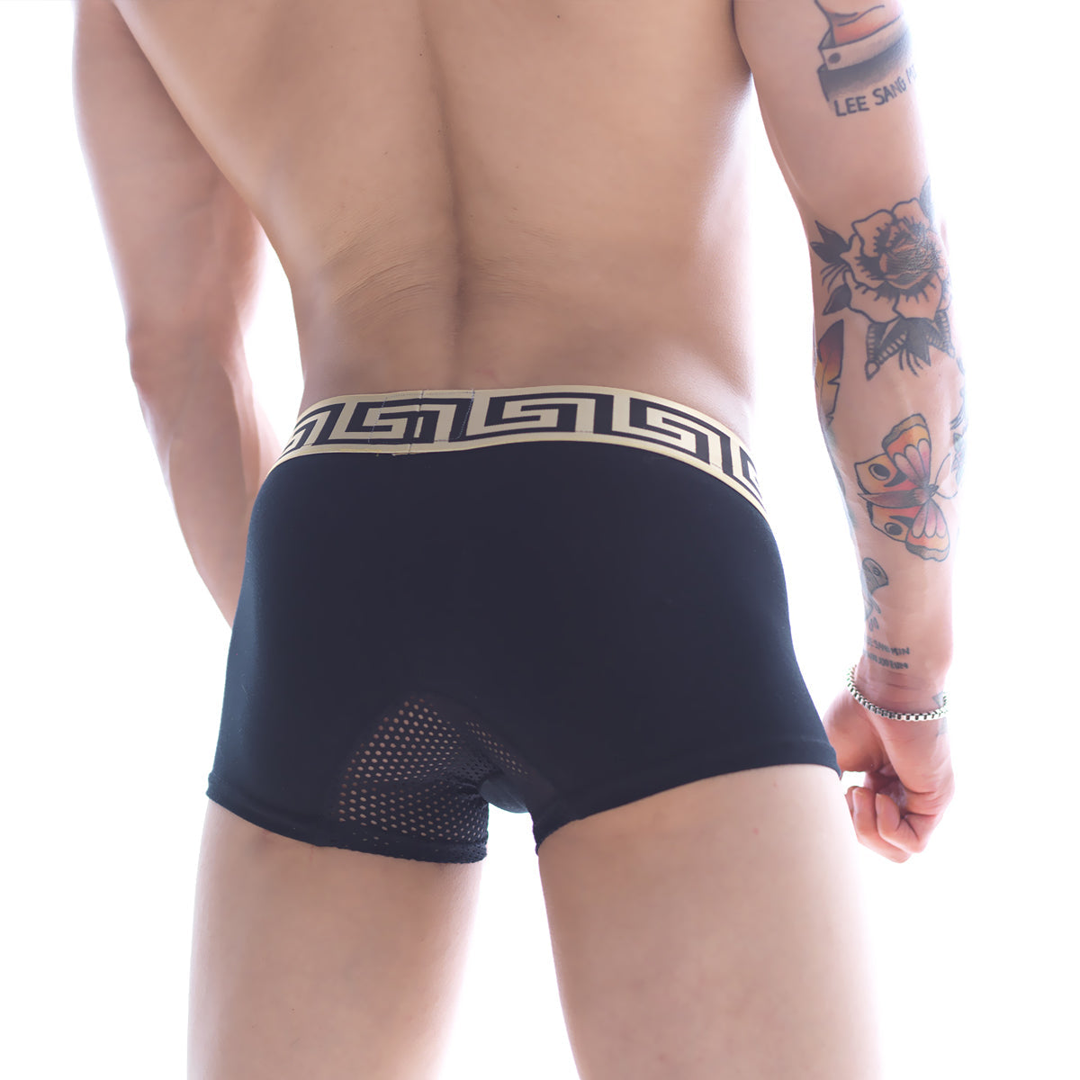 Black mens boxer briefs with cream greek key waistband and mesh back paneling metroMalewear grid short 7 inch