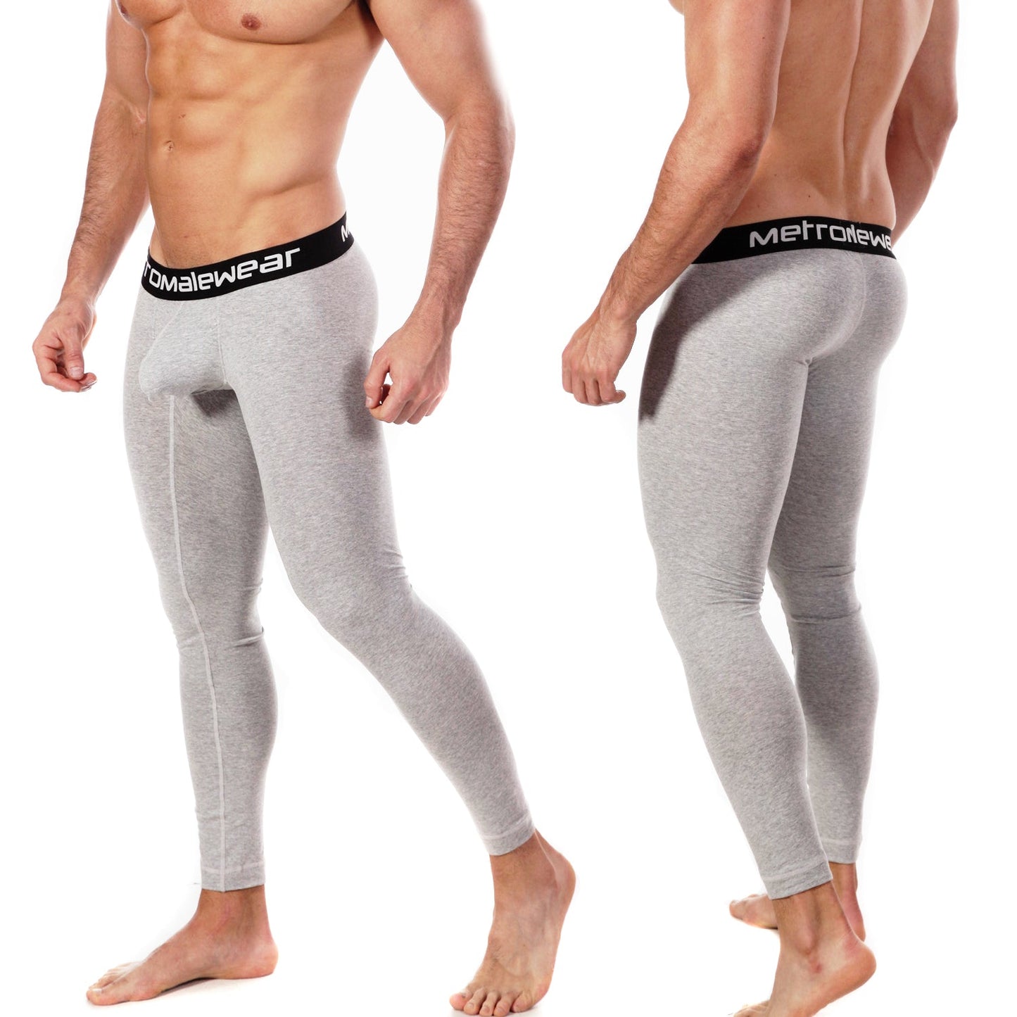 Gray heathered men’s cotton compression tights with black elastic waistband and metrowear branding front view