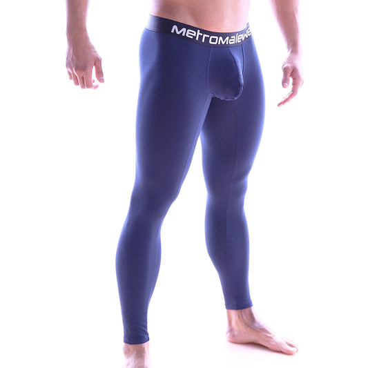 Navy blue stretch cotton leggings with a black waistband featuring white metromale branding by MetroMaleWear
