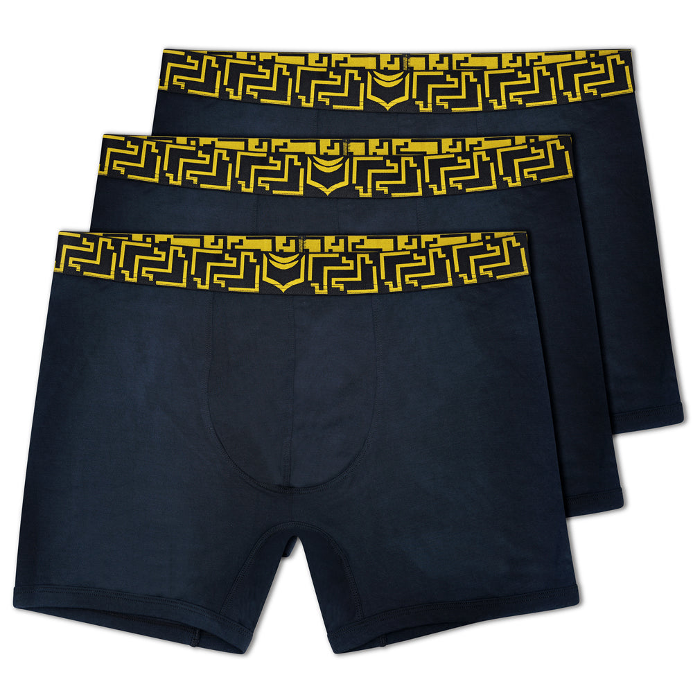 Three navy blue sheath 3.0 modal men’s no-fly boxer briefs with bold yellow geometric waistband in a 3 pack