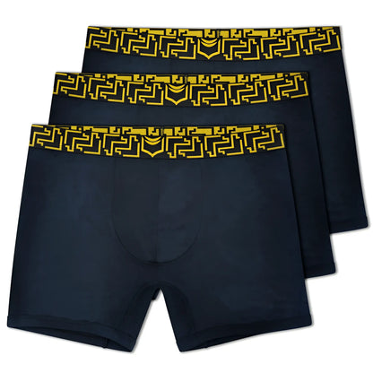 Three navy blue sheath 3.0 modal men’s no-fly boxer briefs with bold yellow geometric waistband in a 3 pack