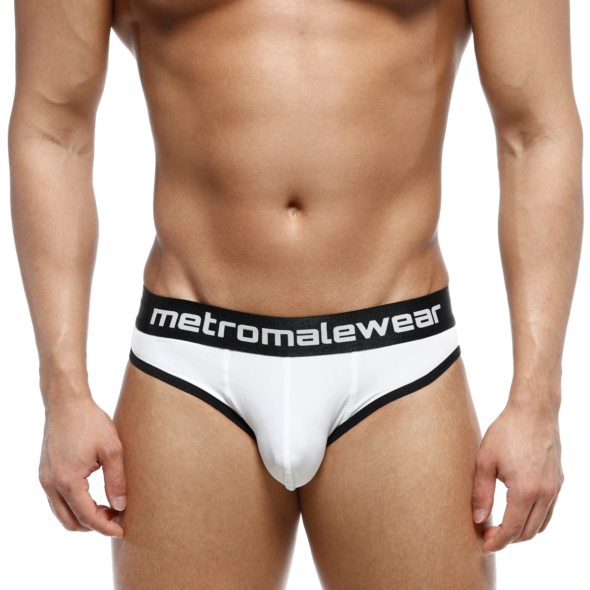 White men’s briefs with black trim and contrasting metromalewear logo band metro malewear martini brief 3103-00