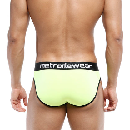 MetroMaleWear Martini brief neon green bright yellow with black trim and waistband featuring MetroMaleWear logo