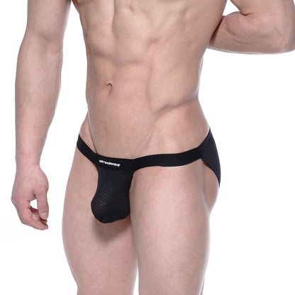 Black mesh jockstrap with solid waistband and nerowear logo from metromalewear grabit bikini 3105-70