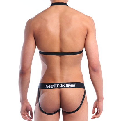Black MetroMaleWear sling jock strap briefs with thin waistband and leg straps designed for comfortable men’s wear
