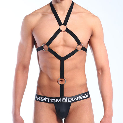 Black MetroMaleWear sling jock strap bodysuit with silver metal rings adjustable straps and branded waistband