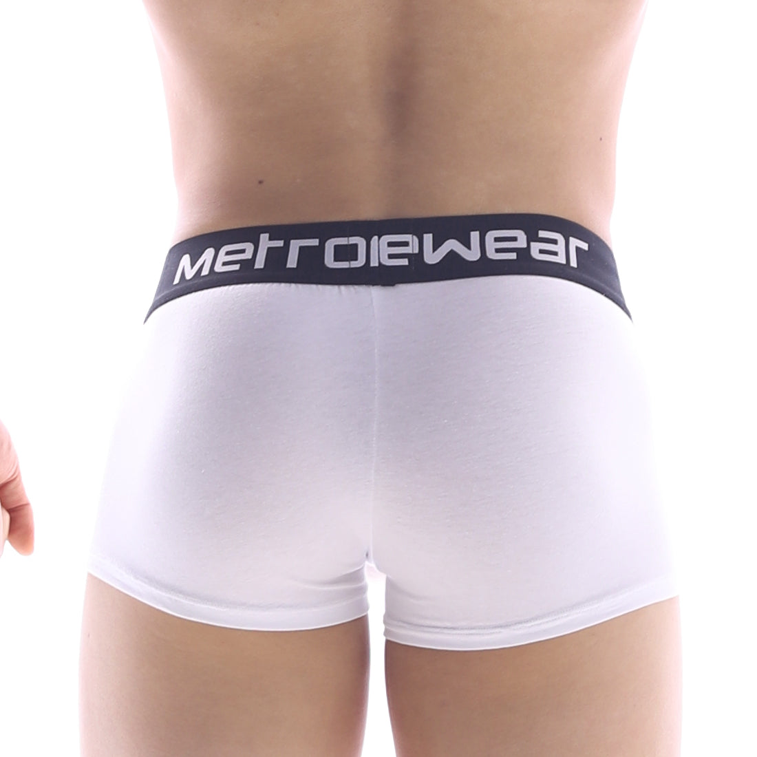 White metrowear briefs with black waistband branded metro-male-wear pocket short boxer 3113-00 front view
