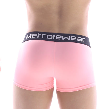 Metro male wear pocket short boxer briefs in pink with black waistband featuring white lettering for comfort and style