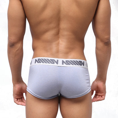 Metro male wear light gray athletic briefs with white waistband and dark gray logo pattern for active use