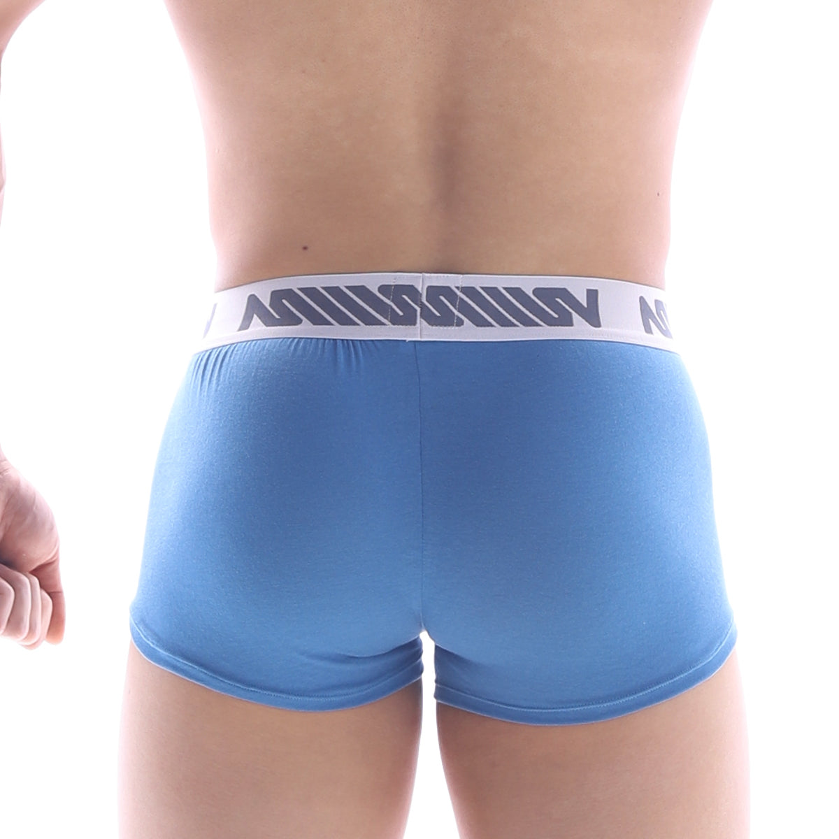 Light blue MetroMaleWear pocket short boxer briefs with white elastic waistband and gray million brand name lettering