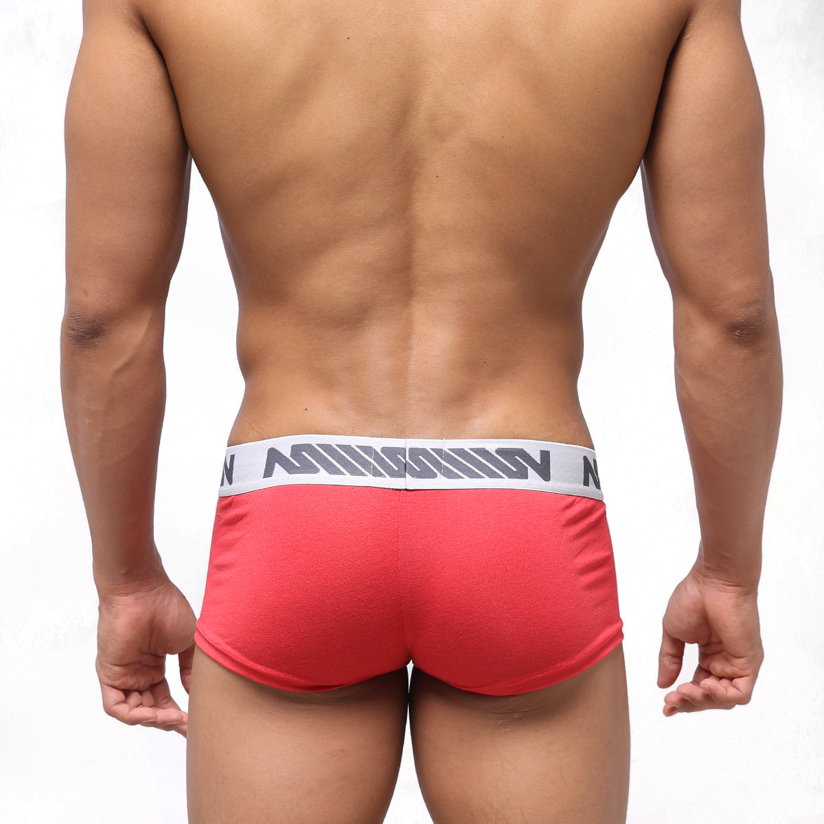 Red men’s briefs metroMalewear pocket short boxer with white elastic waistband and gray mission logo