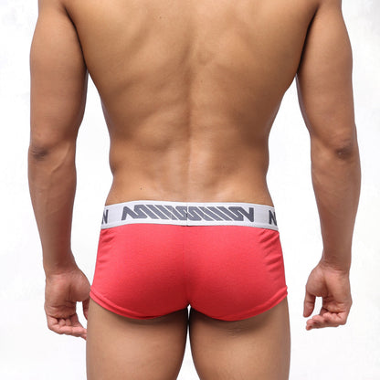 Red men’s briefs metroMalewear pocket short boxer with white elastic waistband and gray mission logo