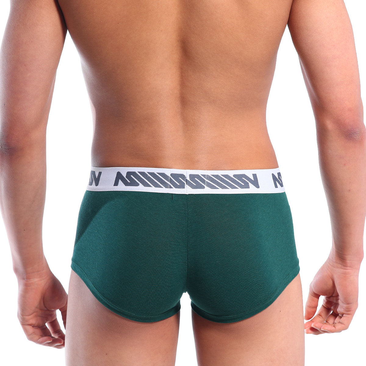 Dark green metrosmalewear pocket short boxer briefs with white elastic waistband and black logo pattern