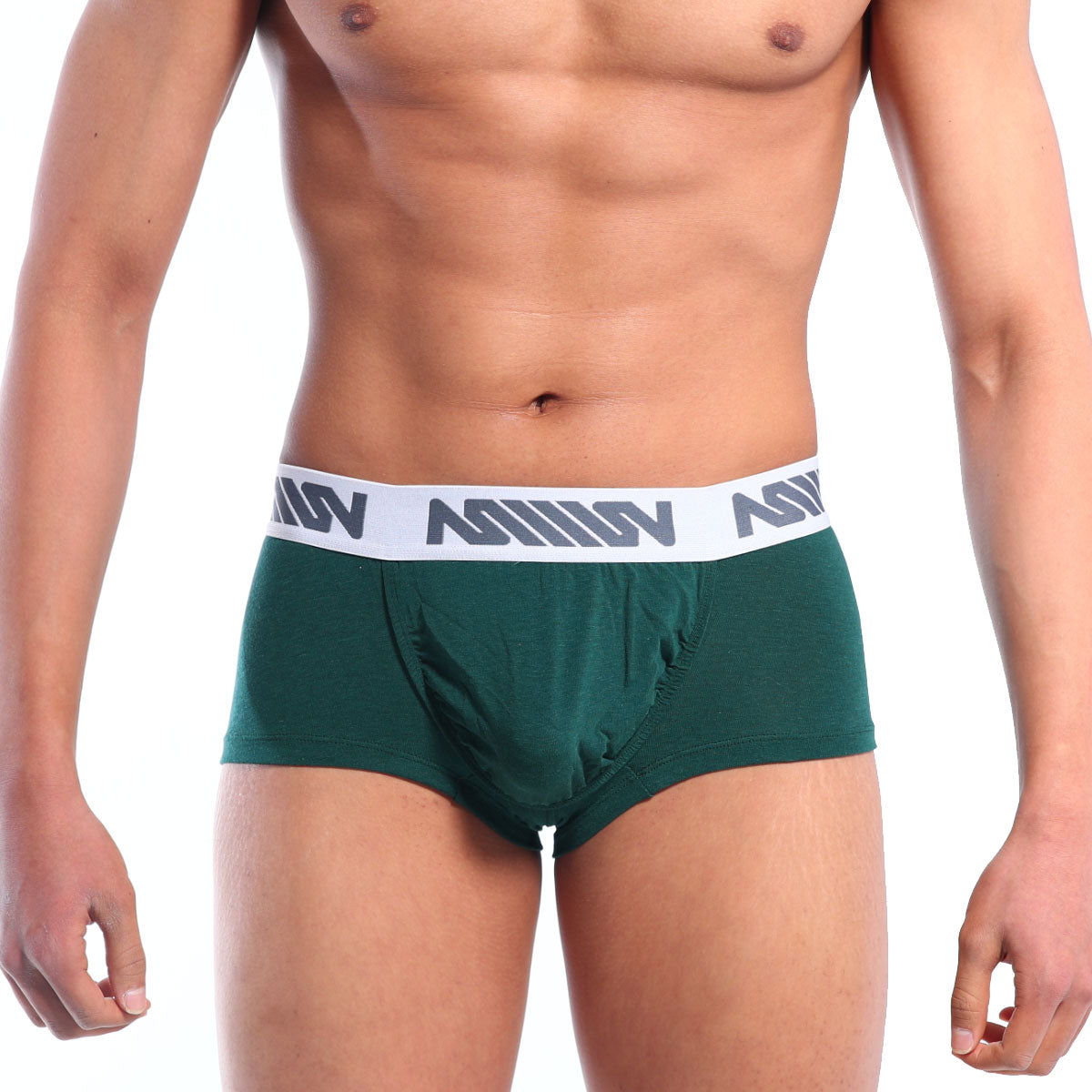 Dark green metro male wear pocket short boxer briefs with white elastic waistband and gray n logo pattern