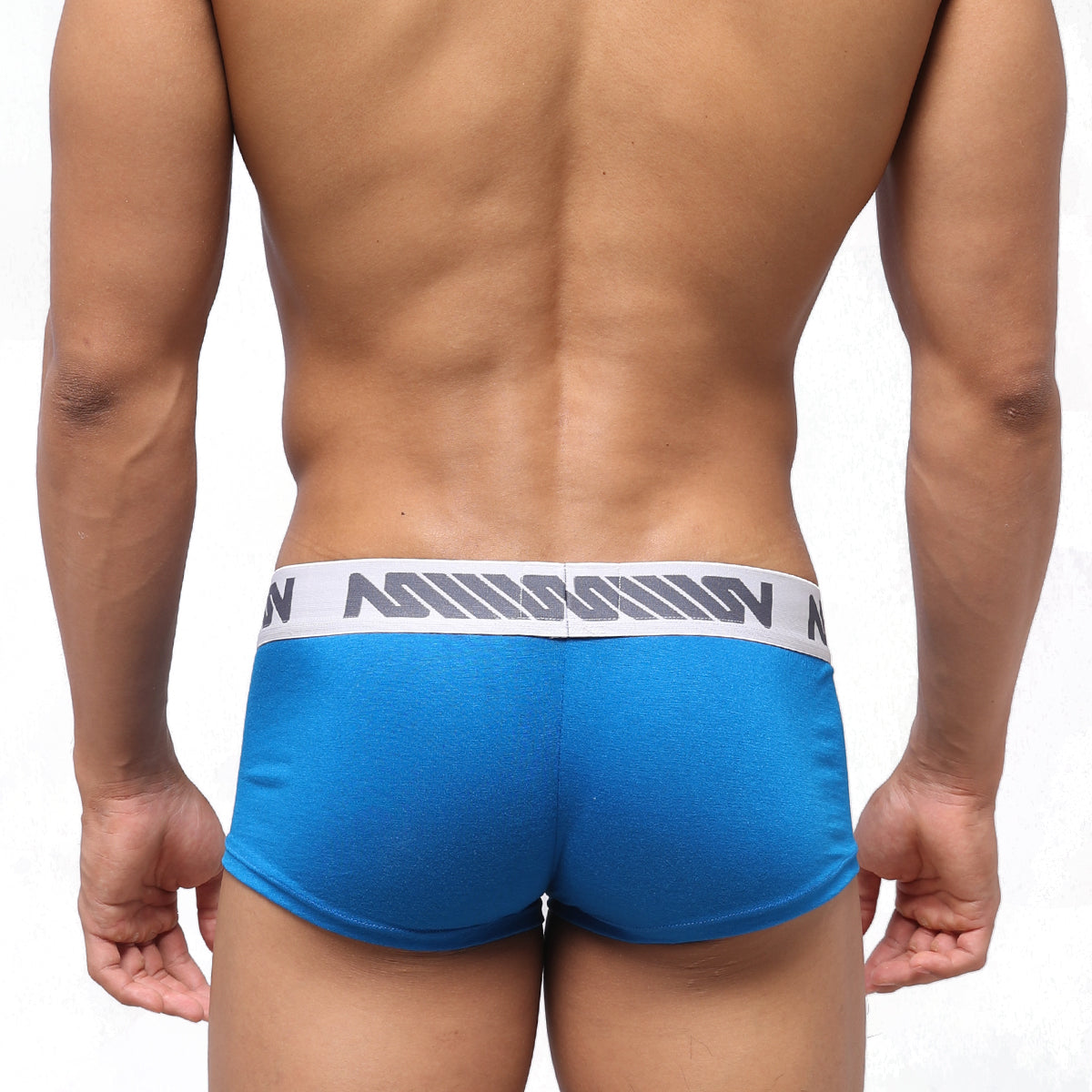 Blue athletic briefs with white waistband gray diagonal stripes and misson branding metroMaleWear 3113-18