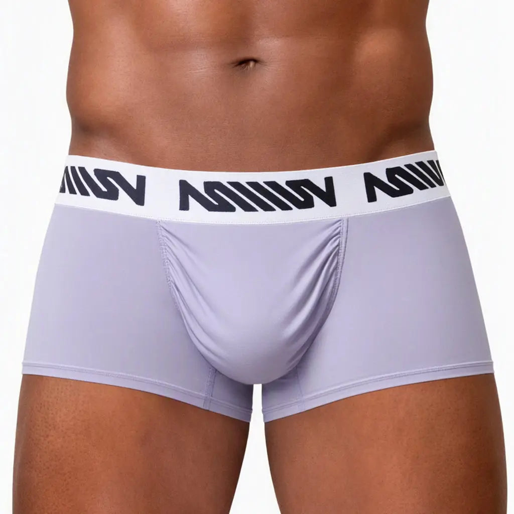 Lavender men's trunk underwear with a black branded waistband made by MetroMaleWear featuring a snug fit and smooth fabric