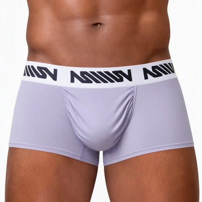 Lavender men's trunk underwear with a black branded waistband made by MetroMaleWear featuring a snug fit and smooth fabric