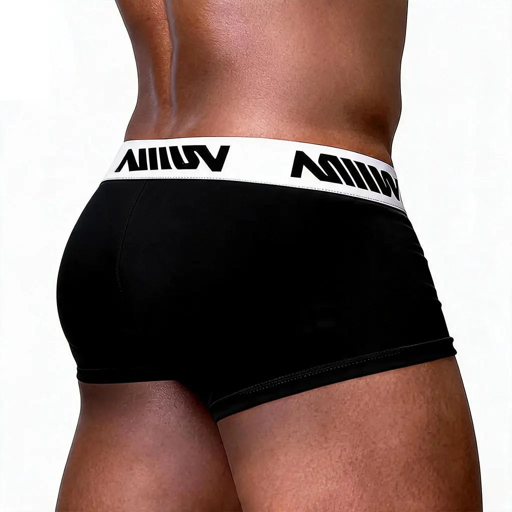 Black men's trunk underwear with a white branded waistband shown from the back by MetroMaleWear M2W