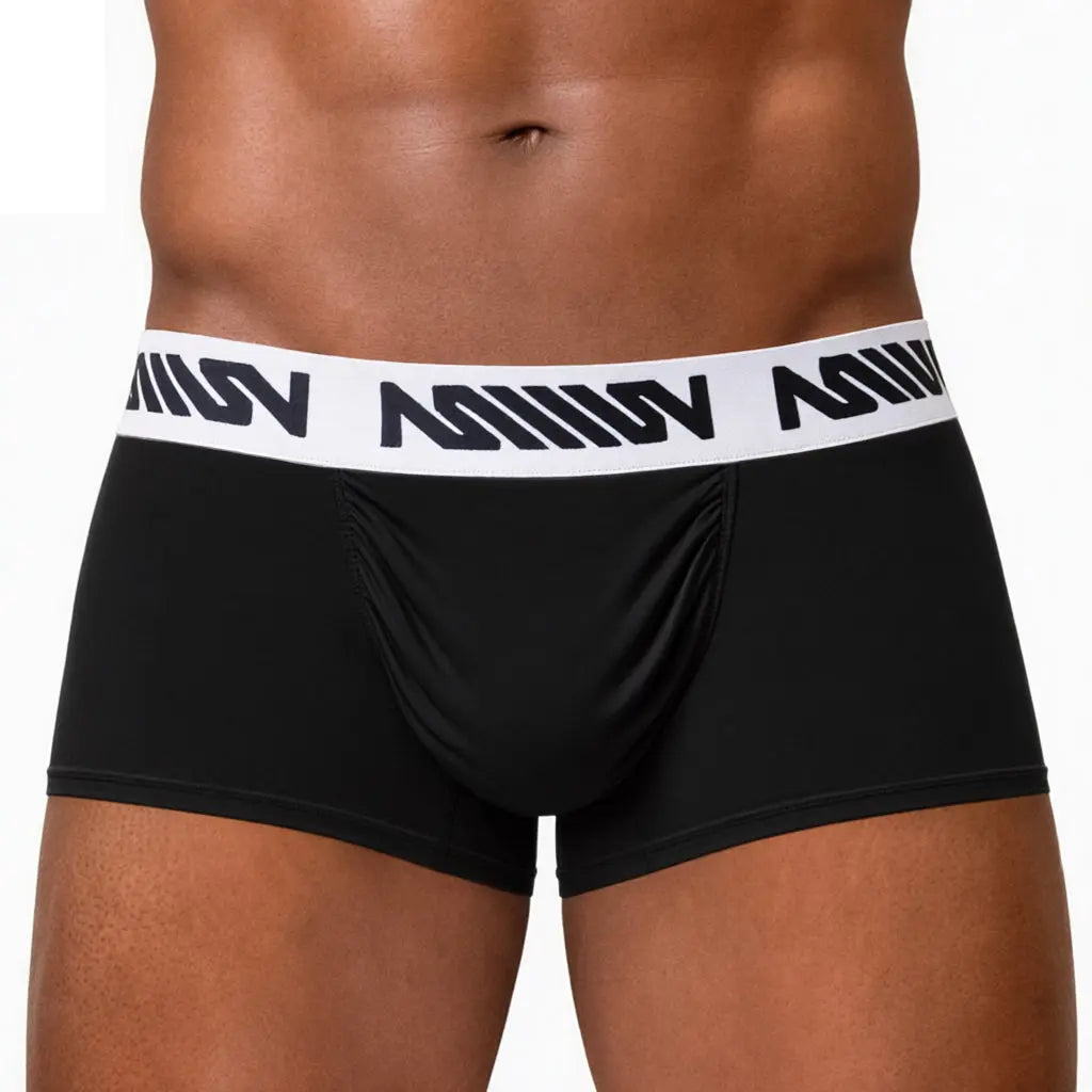 Black men's trunk underwear with a white branded waistband featuring a snug fit and soft material by MetroMaleWear M2W