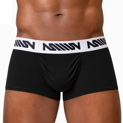 Black men's trunk underwear with a white branded waistband featuring a snug fit and soft material by MetroMaleWear M2W