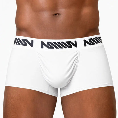 White men's trunk underwear with a black logo waistband featuring a snug fit and soft material by MetroMaleWear M2W