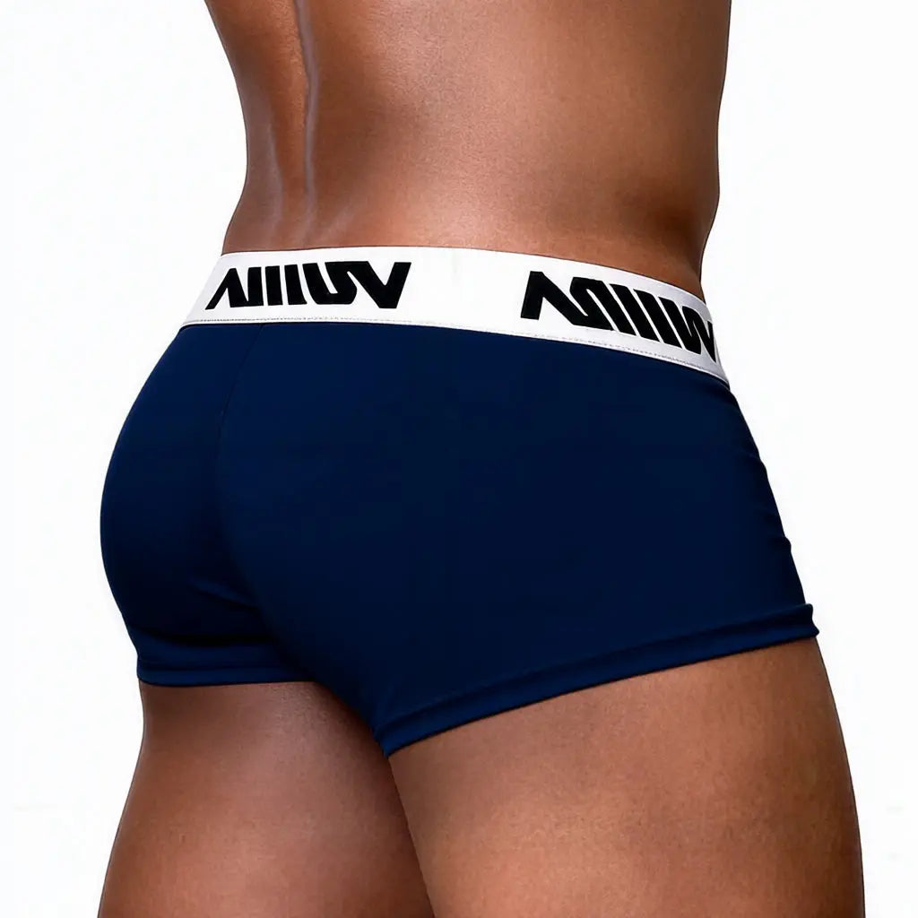 Dark blue men's trunk with a white branded waistband shown from the back by MetroMaleWear M2W