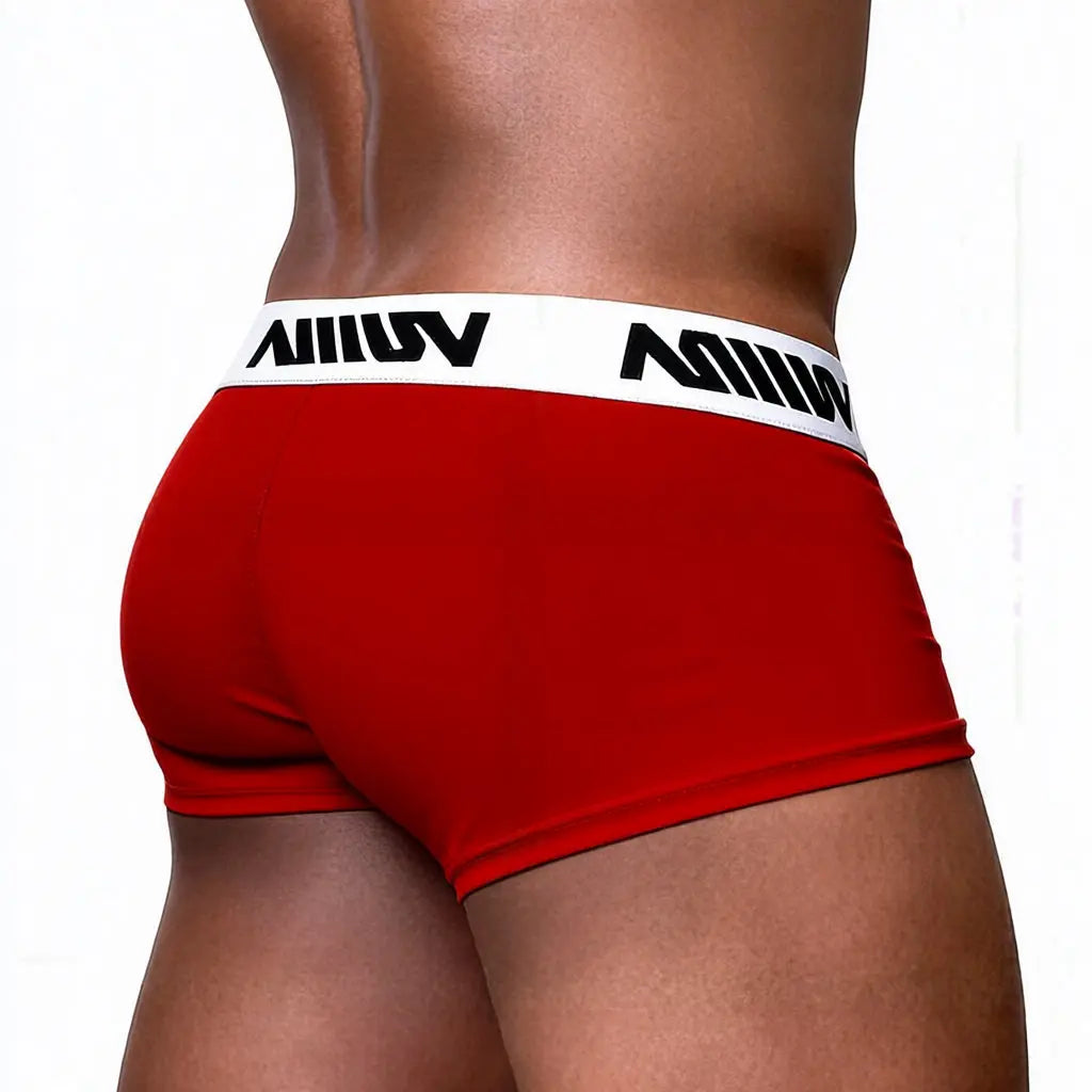 Red men's trunk underwear with a white branded waistband shown from the back by MetroMaleWear M2W