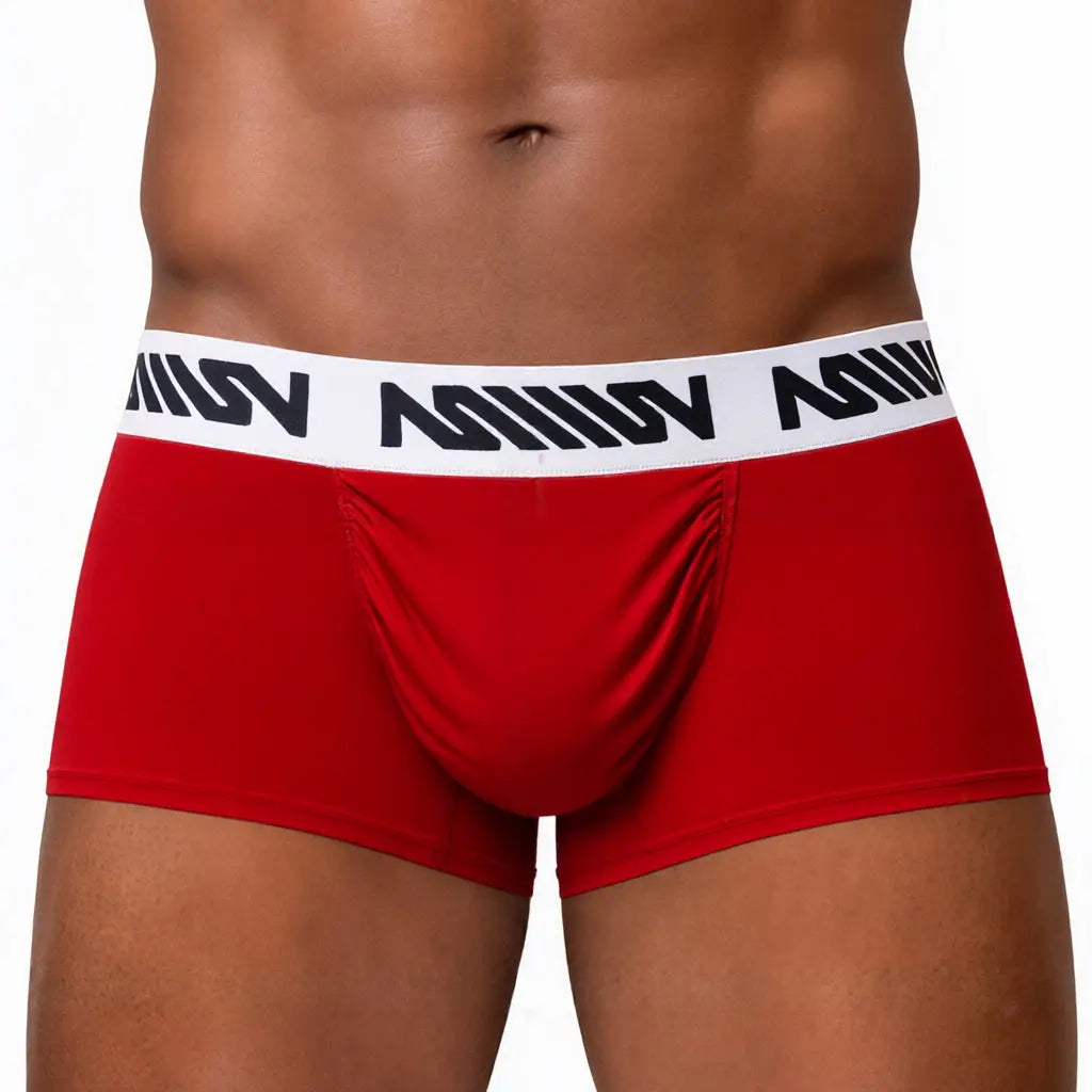 Red men's trunk underwear with a snug fit featuring a black branded waistband by MetroMaleWear M2W
