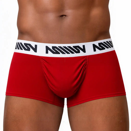 Red men's trunk underwear with a snug fit featuring a black branded waistband by MetroMaleWear M2W