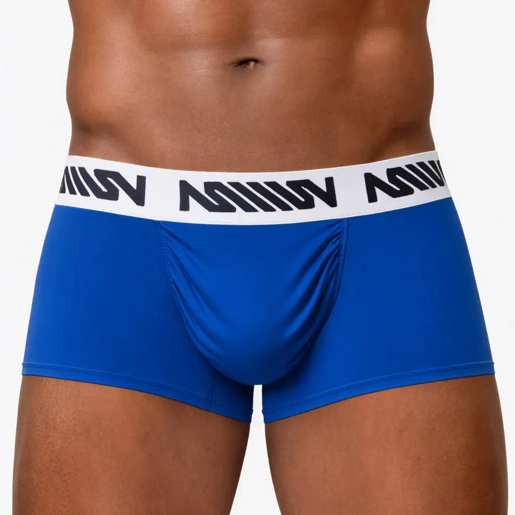 Royal blue men's trunk with a comfortable waistband featuring the MetroMaleWear logo designed for a snug fit