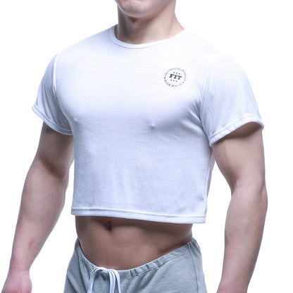 White ribbed crop top with a circular fit logo on the chest from MetroMaleWear FIT T-Shirts 3119-00