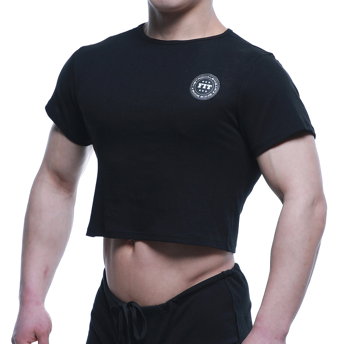 Black MetroMaleWear FIT cropped short-sleeve t-shirt with white circular logo on chest for casual wear