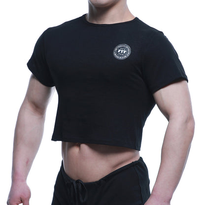 Black MetroMaleWear FIT cropped short-sleeve t-shirt with white circular logo on chest for casual wear