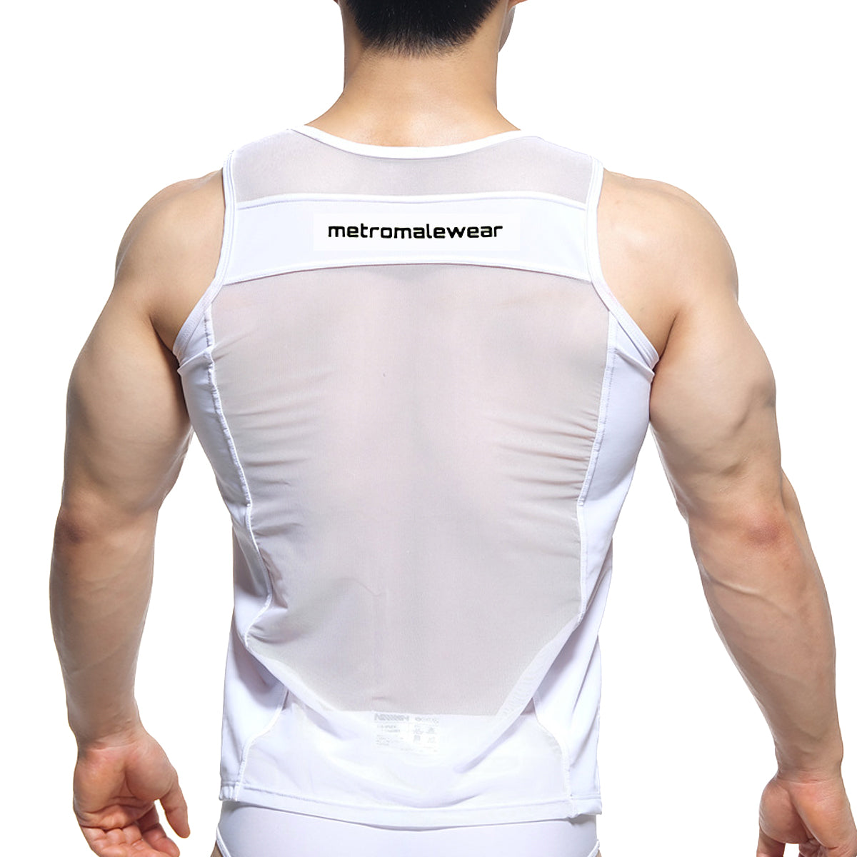 White mesh tank top with solid white trim and metromalewear branding across the upper back shown from back side