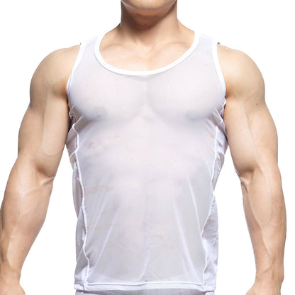 White sheer mesh tank top with round neckline and subtle side seam detailing from MetroMaleWear