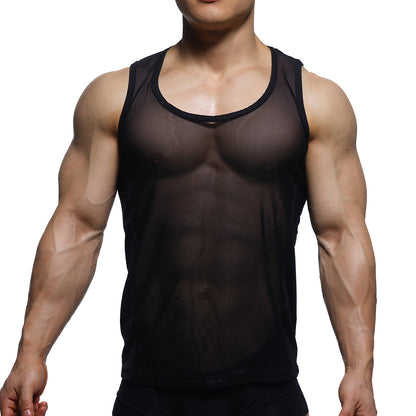MetroMaleWear sheer runner tank top black featuring a black sheer mesh fabric with rounded neckline and solid trim