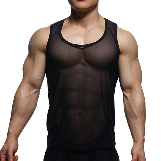 MetroMaleWear sheer runner tank top black featuring a black sheer mesh fabric with rounded neckline and solid trim