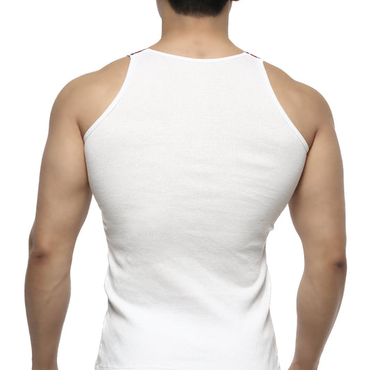 White ribbed tank top with thin straps from metromalewear relaxed tank collection in soft cotton fabric