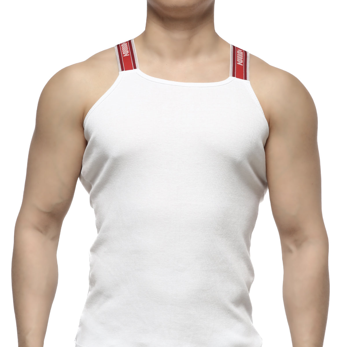 MetroMaleWear relaxed white ribbed tank top with red and white striped shoulder straps for casual wear