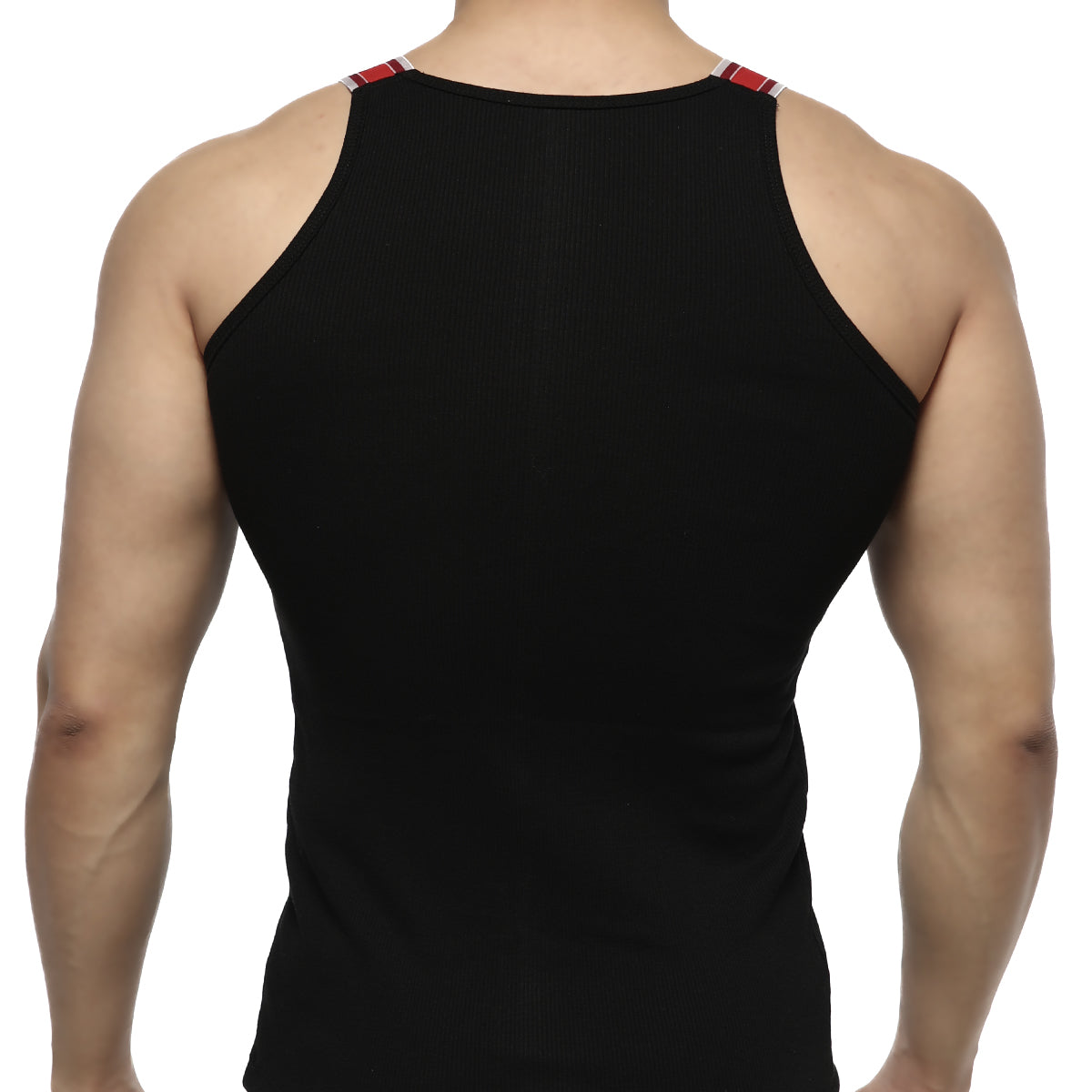 Black sleeveless tank top by MetroMaleWear with red and white striped trim along shoulder straps for relaxed wear